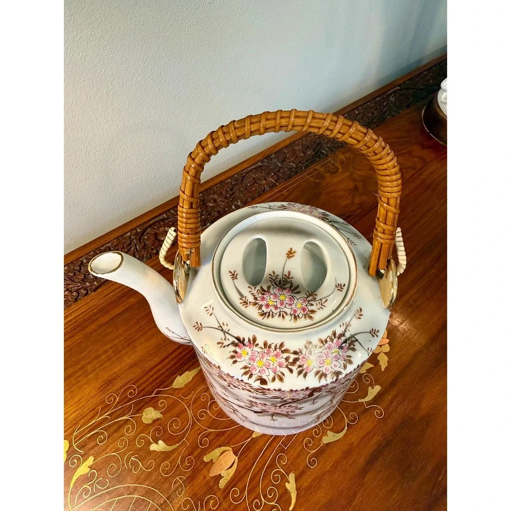 Vintage Cherry Blossom Teapot with Rattan Handle • Porcelain Floral Tea Pot‎